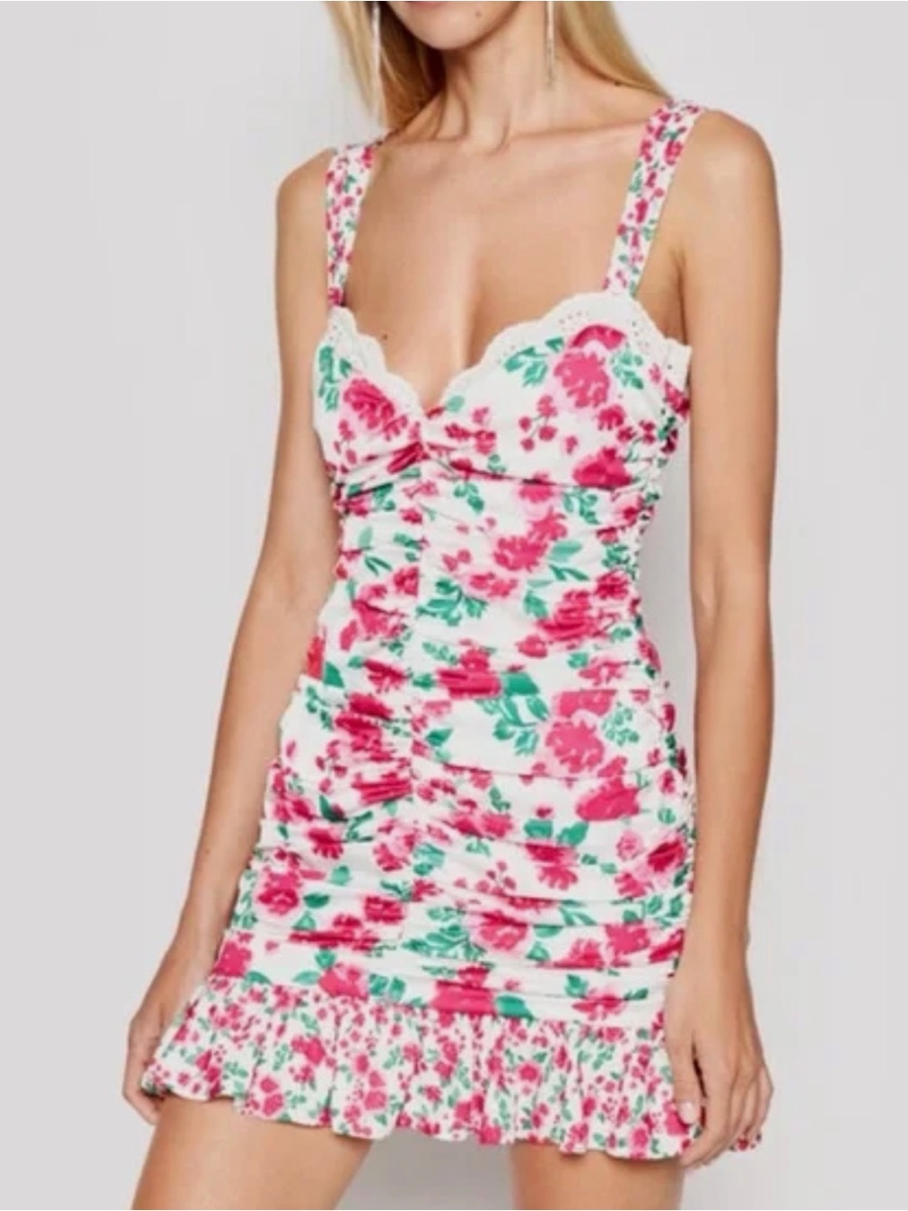 For Love And Lemons White Mini Dress with Pink Floral Print and Green Leaves